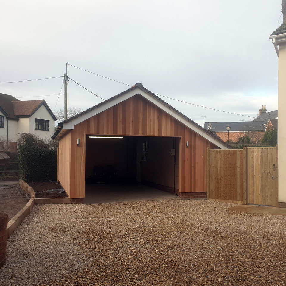 Cedar, timber frame outbuilding and garage constructions, Berkshire